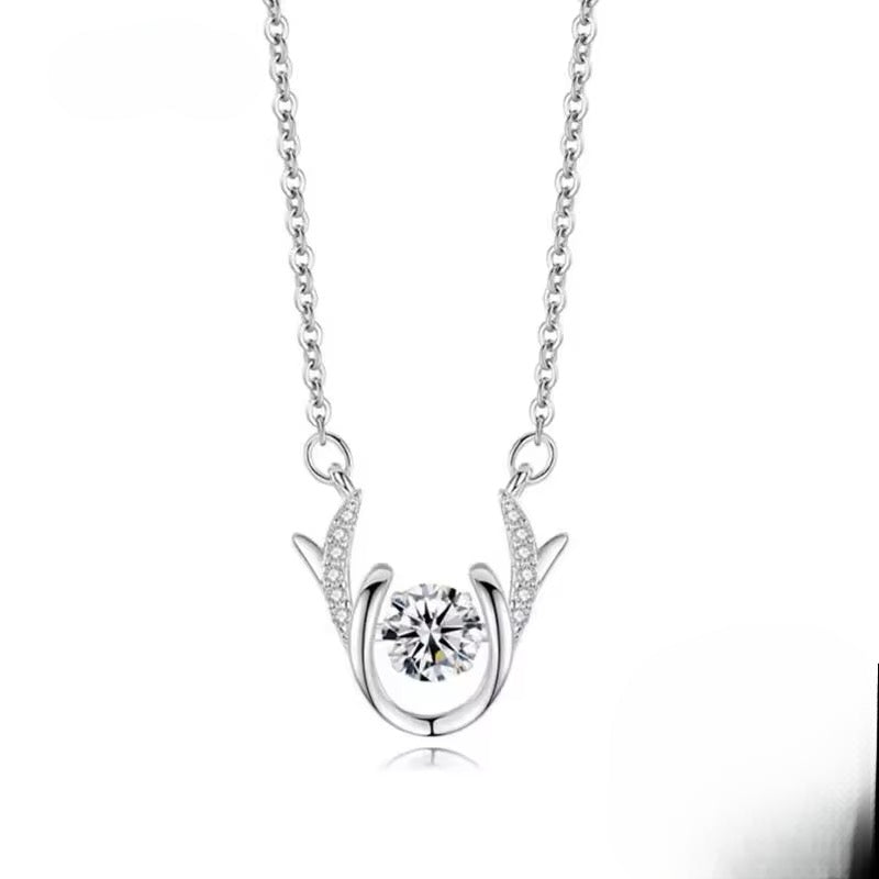 Collar de Plata Esterlina 925 y Zircón, diseño Animal ciervo, Blanco, Largo 45 cm.