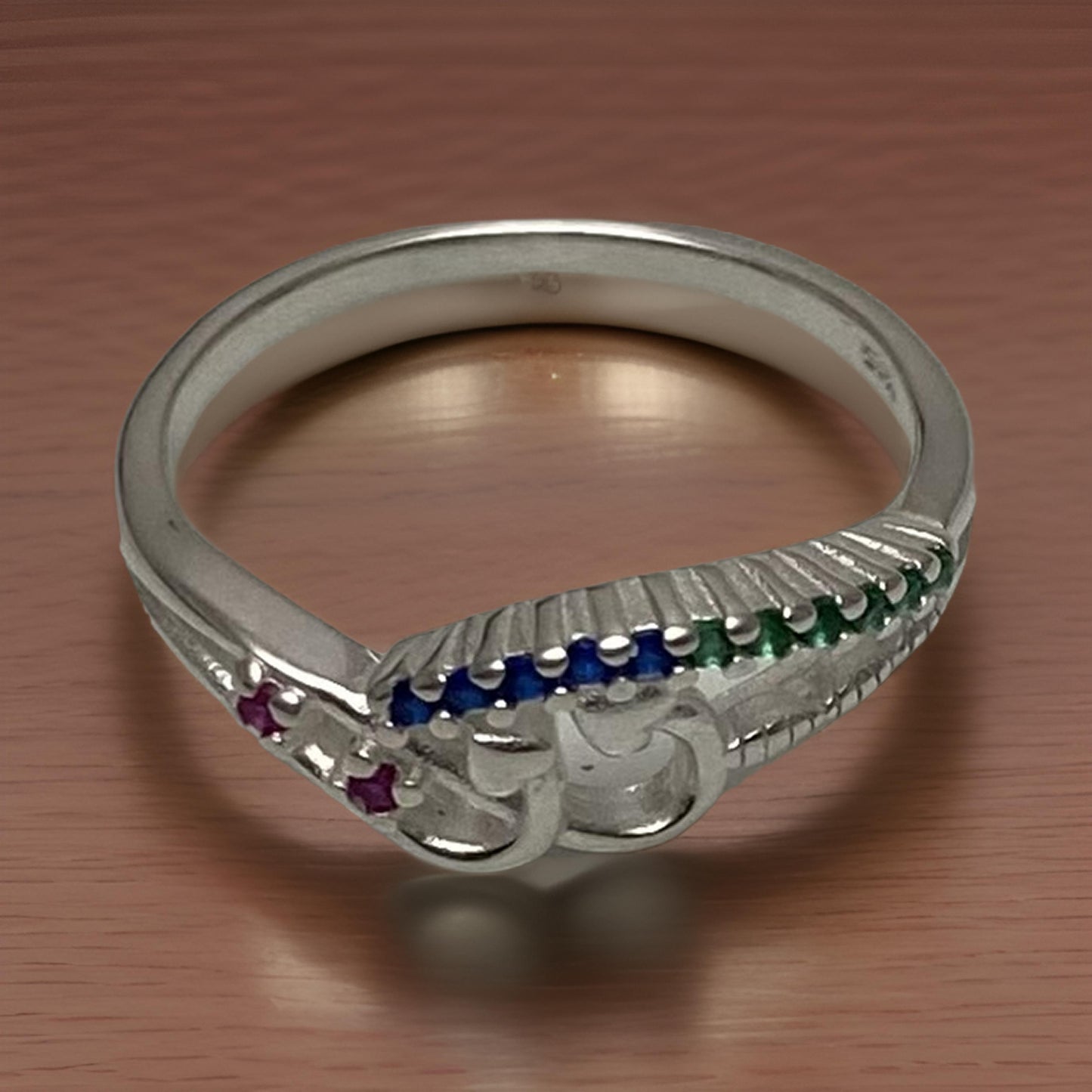 Anillo Plata Fina 925, microcircones colores azul, verde y rojo