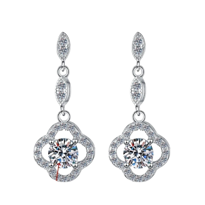 Aros de Plata Esterlina 925, rodio, Diseño Trebol, Moissanita, 0.5 quilates, Color D. VVS1, Certificado GRA