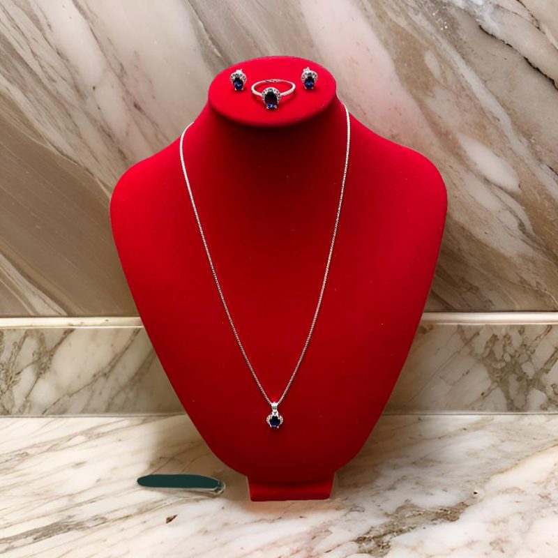 Conjunto de Joyas de Plata 925 Italiana – Collar, Aros y Anillo Azul