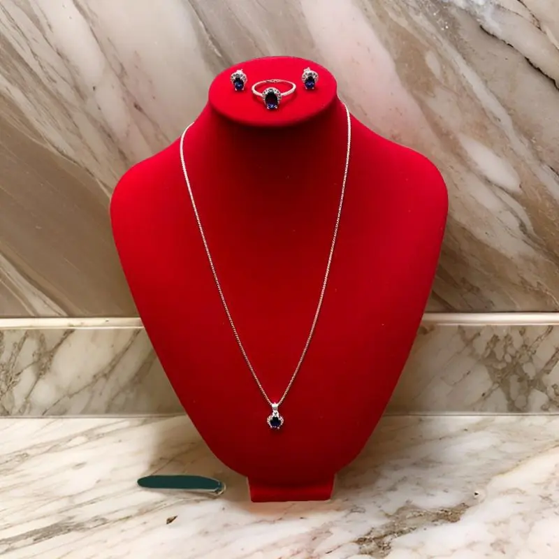 Conjunto de Joyas de Plata 925 Italiana – Collar, Aros y Anillo Azul