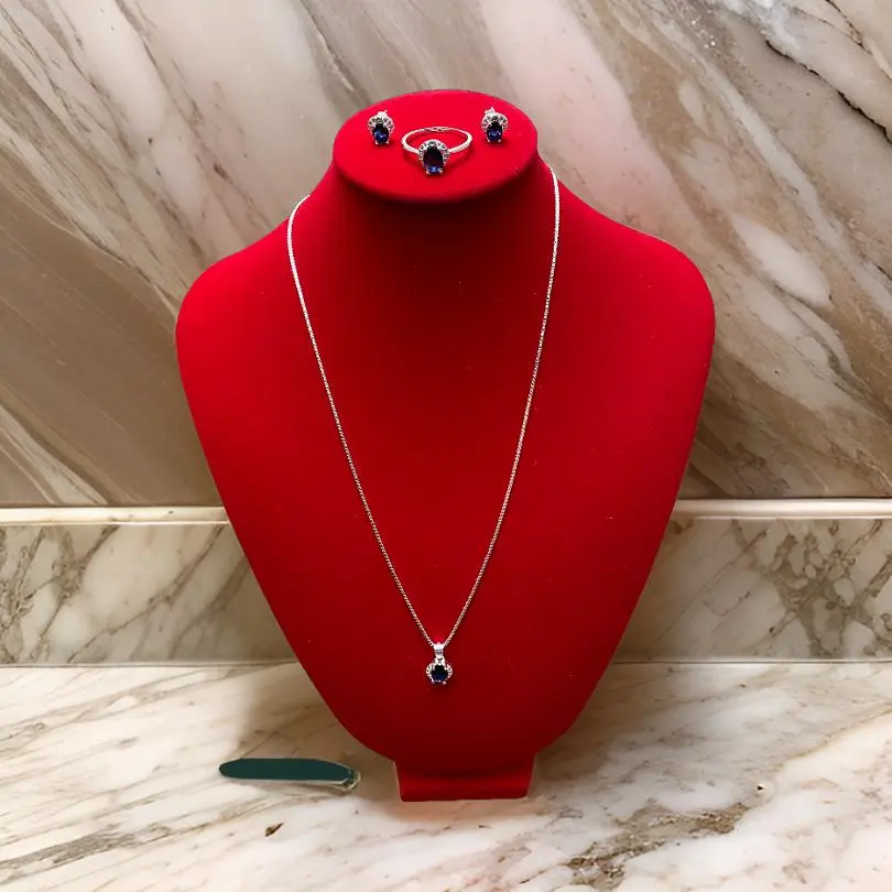 Conjunto de Joyas de Plata 925 Italiana – Collar, Aros y Anillo Azul